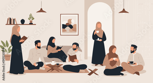 Muslim Community Gathering Reading, Discussing, and Socializing in a Cozy Setting