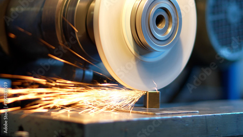 Industrial metal grinding with sparks in manufacturing workshop