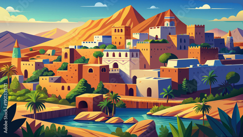 Very beautiful view of El Atteuf, an ancient town in the M'Zab Valley, highlighting traditional adobe architecture, desert harmony, and the timeless cultural heritage of Algeria.