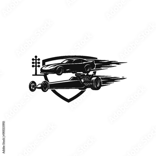 Speed Showdown: Depicting a drag racing competition, two high-performance cars, a sleek sports car and a powerful dragster, race against each other, capturing the essence of speed and competition. 