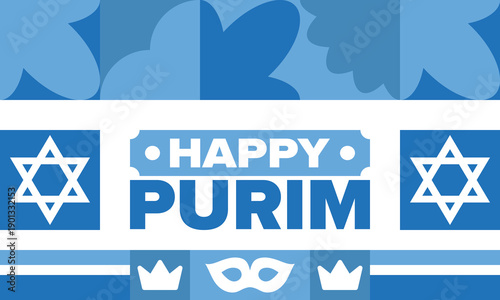 Purim. Happy Purim. Traditional Jewish religious holiday. Star of David, Carnival mask. Israel history. Сelebrated by a masquerade and festival. Poster art. Vector illustration