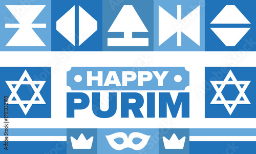 Purim. Happy Purim. Traditional Jewish religious holiday. Star of David, Carnival mask. Israel history. Сelebrated by a masquerade and festival. Poster art. Vector illustration