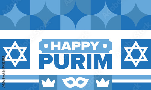 Purim. Happy Purim. Traditional Jewish religious holiday. Star of David, Carnival mask. Israel history. Сelebrated by a masquerade and festival. Poster art. Vector illustration