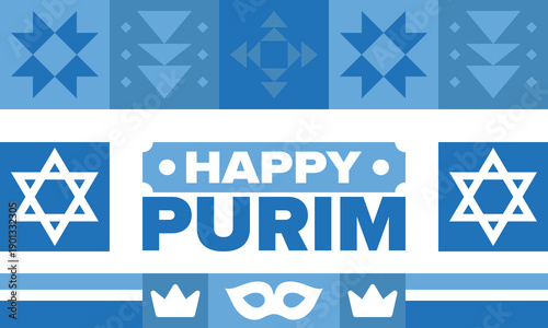 Purim. Happy Purim. Traditional Jewish religious holiday. Star of David, Carnival mask. Israel history. Сelebrated by a masquerade and festival. Poster art. Vector illustration