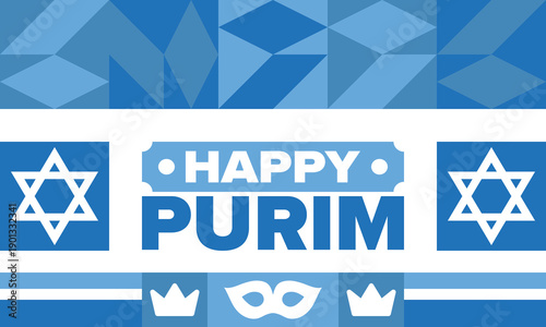 Purim. Happy Purim. Traditional Jewish religious holiday. Star of David, Carnival mask. Israel history. Сelebrated by a masquerade and festival. Poster art. Vector illustration
