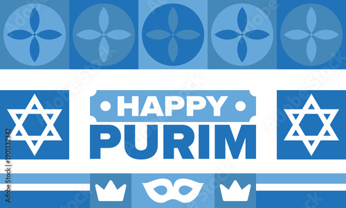 Purim. Happy Purim. Traditional Jewish religious holiday. Star of David, Carnival mask. Israel history. Сelebrated by a masquerade and festival. Poster art. Vector illustration