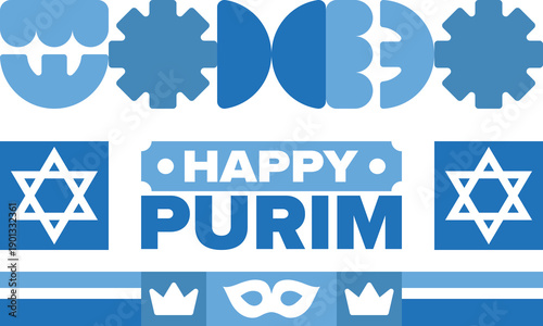 Purim. Happy Purim. Traditional Jewish religious holiday. Star of David, Carnival mask. Israel history. Сelebrated by a masquerade and festival. Poster art. Vector illustration