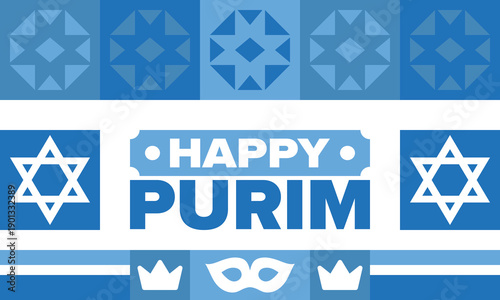 Purim. Happy Purim. Traditional Jewish religious holiday. Star of David, Carnival mask. Israel history. Сelebrated by a masquerade and festival. Poster art. Vector illustration