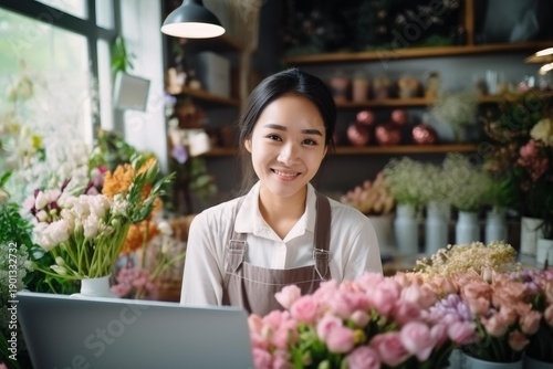 Smiling asian woman florist standing behind a counter with flowers and a laptop, managing her business