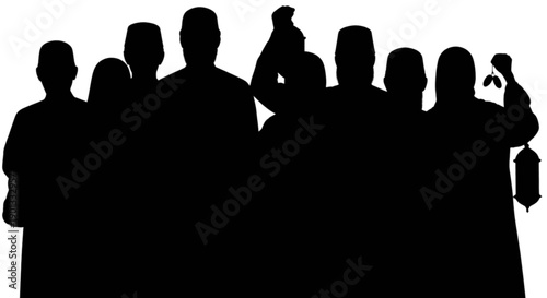 A silhouette vector of a group of muslim individuals celebrating ramadan together with traditional lantern and dates. isolated on transparent background, Vector