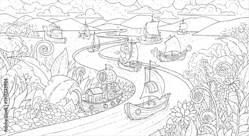 Whimsical River Landscape with Fantasy Boats and Giant Foliage Coloring Page