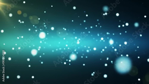 A slow dolly video through an ethereal cosmic nebula with a luminous blue-to-teal gradient, thousands of soft twinkling particles drifting, bokeh, and golden lens flares, majestic space art