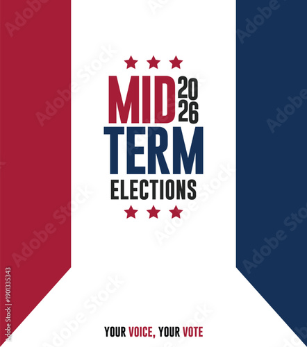 Vintage midterm elections poster with red, white, and blue radial sunburst design, bold typography, and patriotic theme. Ideal for political campaigns, voting awareness, civic events, and election