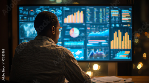 Wallpaper Mural A focused professional analyzing data on a large screen in a modern office setting at night. Torontodigital.ca