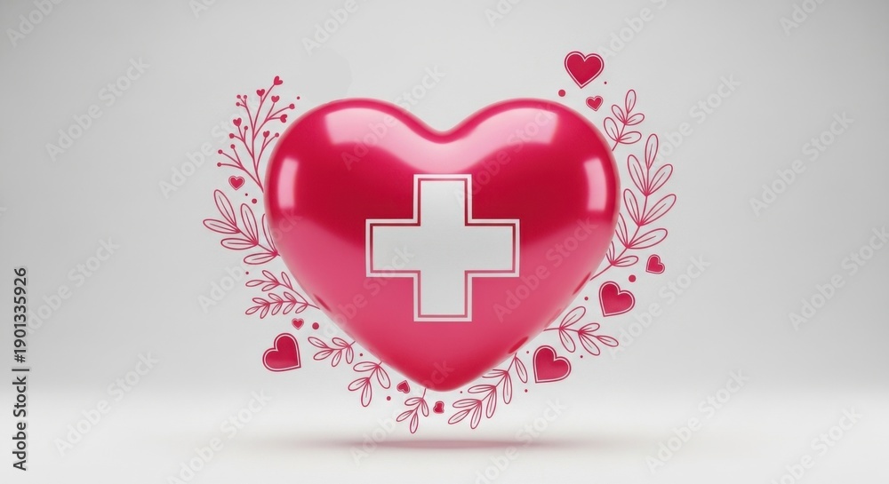 Obraz premium 3D Glossy Pink Heart with White Medical Cross Surrounded by Doodles, Symbolizing Love for Healthcare, Charity, and Wellness Support.