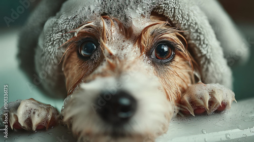 a person washing a dog in a...