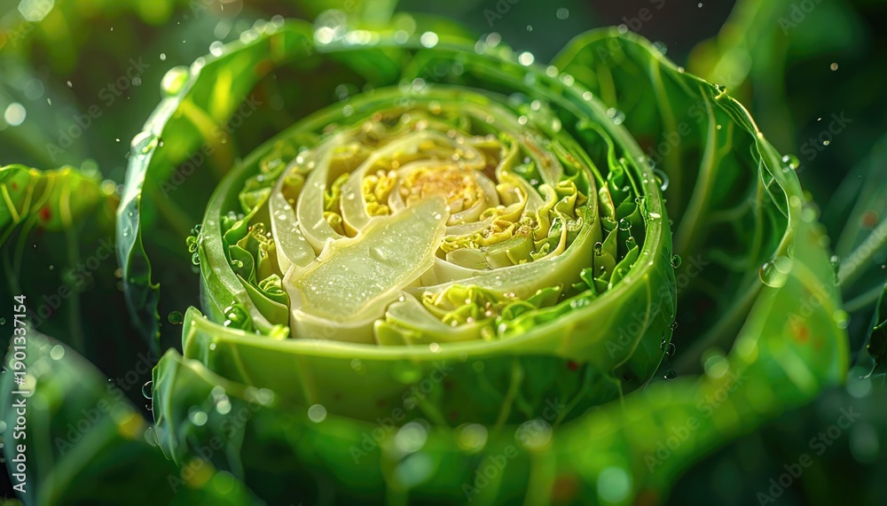 Obraz premium A close-up shot of a fresh green cabbage head surrounded by leaves in a dew-kissed garden environment from a direct viewpoint
