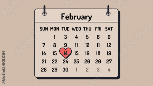 Monthly calendar page for february showing incorrect date numbers and heart over fourteen concept