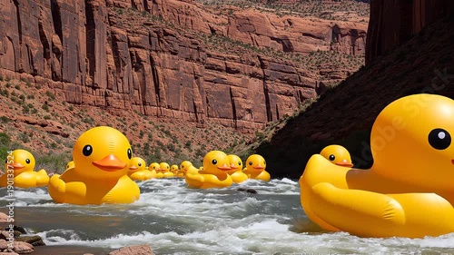 Giant yellow rubber ducks floating down river rapids in scenic red rock canyon landscape