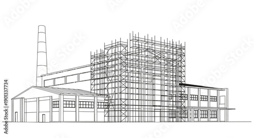 Industrial building with scaffolding and smokestack, vector illustration for architecture or construction mockup