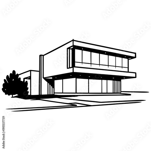 Modern building explosion concept illustration with spaghetti mess at factory, viewed from outside