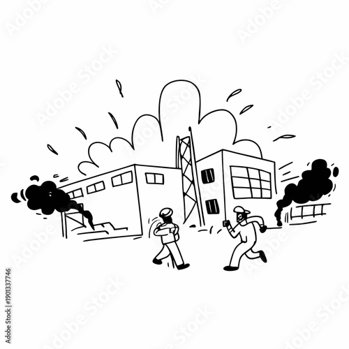 Industrial workers responding to emergency situation at facility with smoke and fire