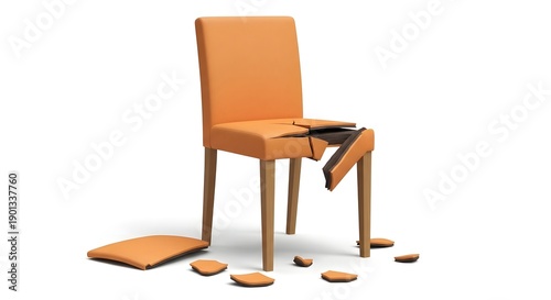 Orange Chair With Damaged Seat and Scattered Pieces on White Background broken