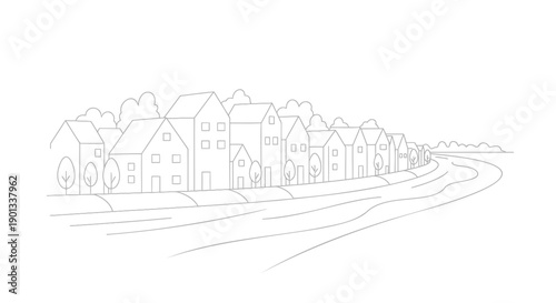 vector illustration of a suburban neighborhood with houses and road, line art style, for website or presentation background