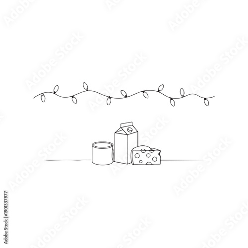 Simple line art illustration of milk, cheese, and string lights