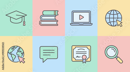 Educational Icons, Digital Learning, Minimalist Design, Technology, Modern Environment