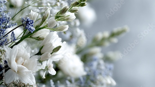 A bouquet of white flowers with blue accents