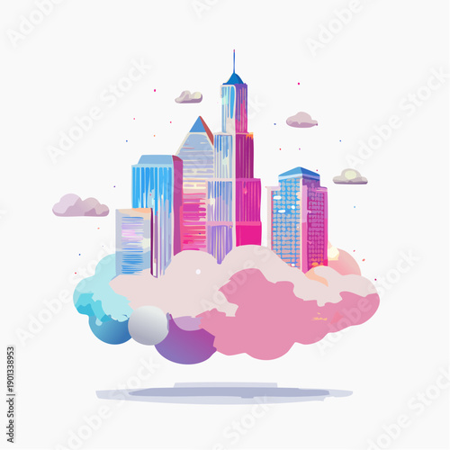 Dreamlike Urban Metropolis Hovering on Pastel Clouds, A Modern Fantasy Cityscape Illustration Depicting Future Architecture