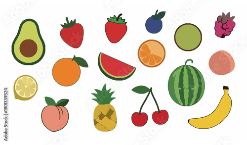 Kawaii summer fruit characters vector illustration with cute healthy food elements isolated on white