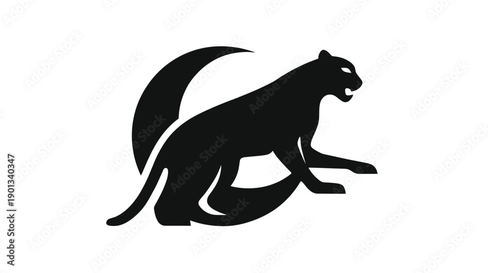 Obraz premium Powerful Black Panther and Crescent Moon Graphic Illustration. Dynamic Big Cat Silhouette Vector Art for Strength and Mystery.
