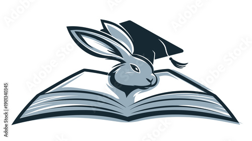 Intelligent rabbit wearing a graduation cap emerges from an open book, symbolizing education, knowledge, and academic achievement.