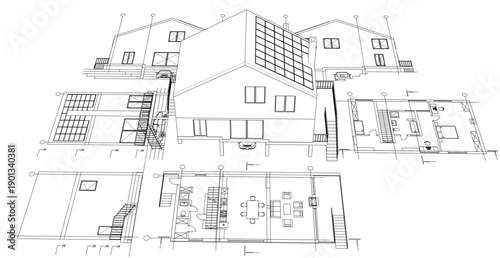 house architectural project sketch 3d illustration