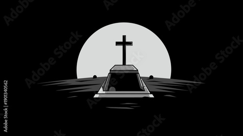 Somber gravestone with Christian cross under a full moon at night. Eerie cemetery scene for death, remembrance, or Halloween.