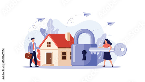 Home security illustration shows a cozy house secured by a large padlock with a key held by a woman while a businessperson stands nearby guarding the property.