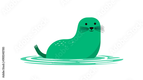 Cute green seal illustration swimming in water, playful cartoon vector art of an adorable marine animal in flat design style