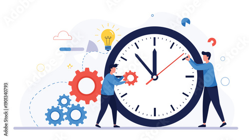 People adjust a giant clock with gears to illustrate time management and collaborative productivity in a dynamic teamwork illustration.