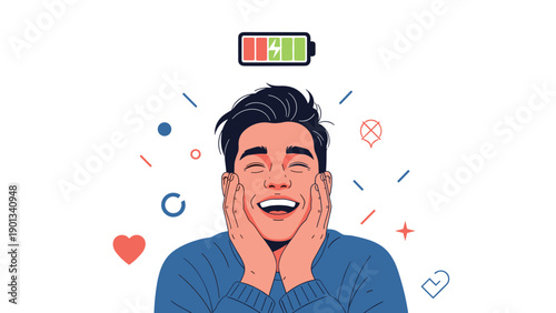 Joyful illustration of a smiling man with hands on his cheeks as a low battery icon and celebration symbols hover around him expressing happiness and energy.