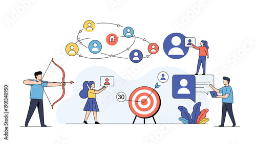 People collaborate in a digital marketing scene showing social networks and visual icons guiding a group toward a central target through strategic outreach.