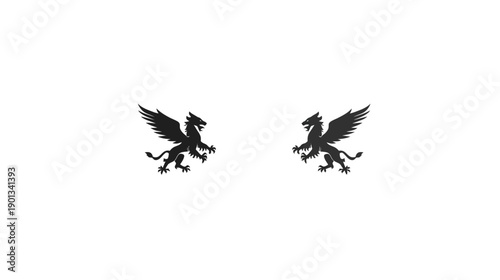 Majestic black griffin silhouettes facing each other, mythical fantasy creatures with eagle wings and lion bodies on white background.