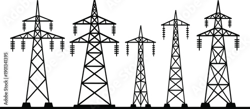 Five black and white power transmission towers standing in a row on a flat ground electricity