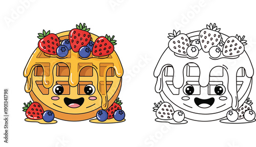 Kawaii ice cream cone vector illustration set. Colored and black outline coloring page of cute stacked scoops with fruit toppings and happy faces for kids design.