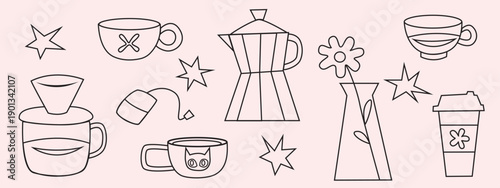 hand drawn coffee doodles and cafe stickers. Black and white vector coffee illustration.