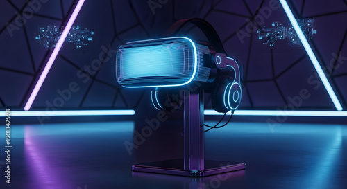 A futuristic gaming chair with neon lights in a dark room