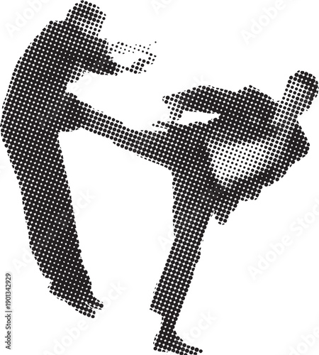 Two stylized martial artists executing dynamic self defense combat techniques together