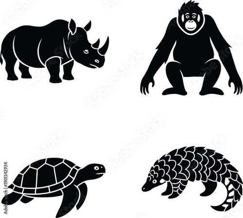 Set of black flat icons representing endangered wildlife species featuring a rhinoceros, an orangutan, a sea turtle and a pangolin silhouette.