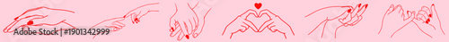 Romantic hand gestures line art set for Valentine’s Day, intimate couple touch and closeness gestures, hands reaching, holding and caressing, love connection and emotional intimacy symbols